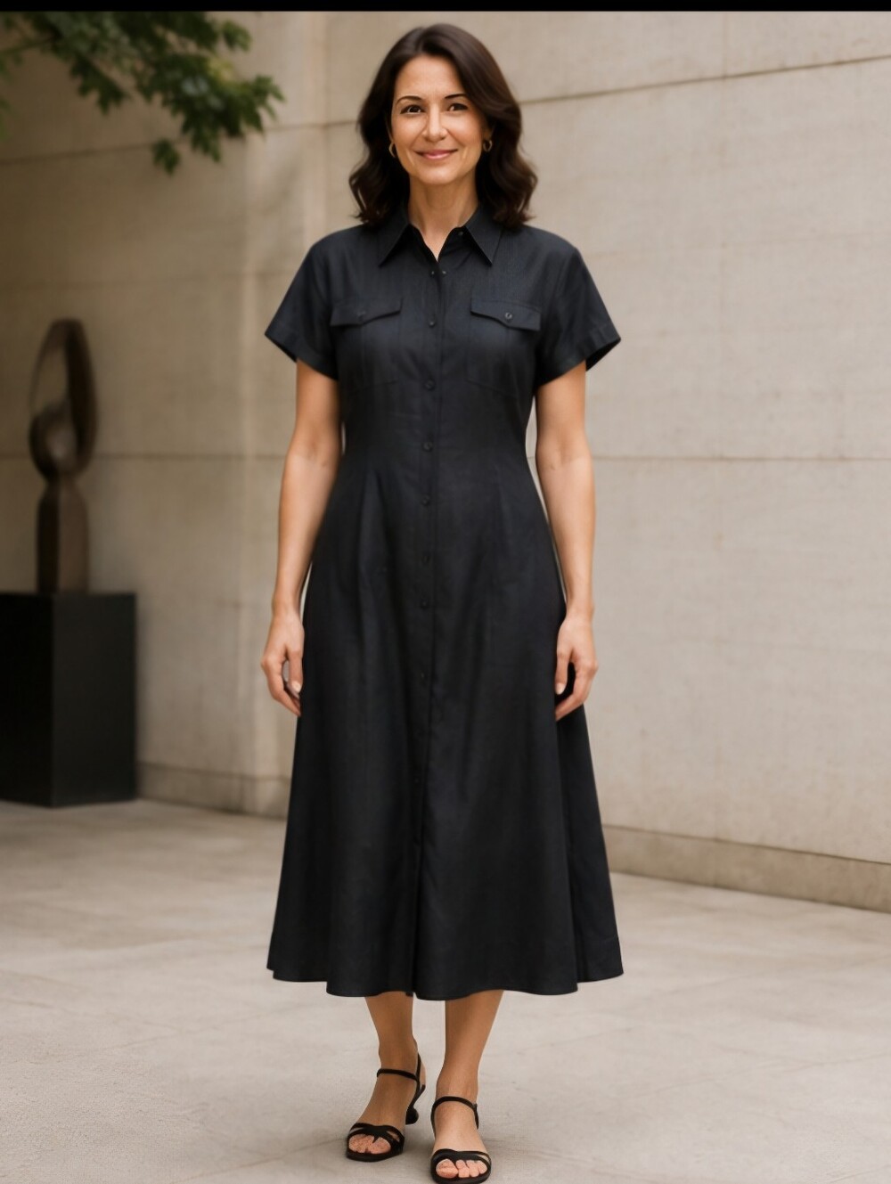 Finity Black Short Sleeve Collared Button Front Shirt Dress  Linen Blend Midi 12